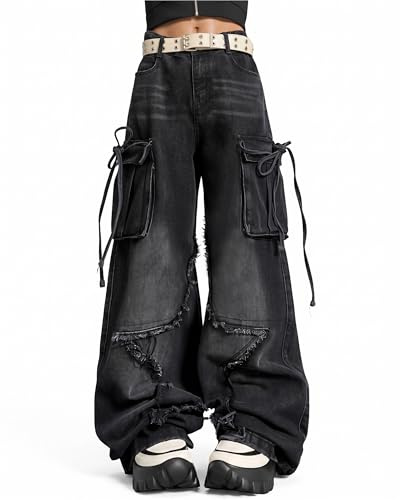 Hugboom Baggy Cargo Pants for Women Teen Girls Star Jeans Y2k Low Waisted Jeans Cute Streetwear Vintage Clothes Black M
