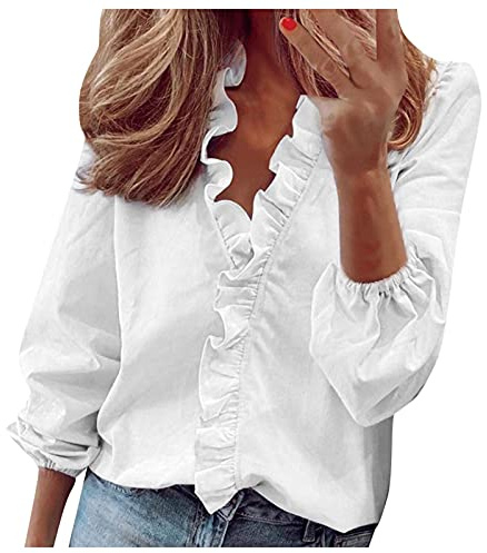 Womens Ruffle Shirt Tops UK Clearance, V-Neck Blouse Long Sleeve T-Shirt Casual Work Tunic Tops Trendy Loose Fit Blouses Elegant Sweatshirts Plus Size Pullover White