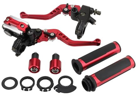 GOOFIT 22mm Rot Universal Motorrad Bremse Kupplungshebel Lenker Bremse Hauptzylinder+Handgriff+Bar Enden Reservoir Bremshebel Set Ersatz für Dirt Bike Roller