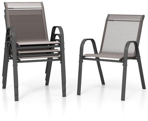 COSTWAY Juego de 2/4 Sillas Jardín Exterior Apilables, Sillas Terraza Exterior con Tejido Transpirable Patio Playa Terraza Piscina 56 x 70 x 84 cm, Carga 150 kg (4, Gris, Grande)