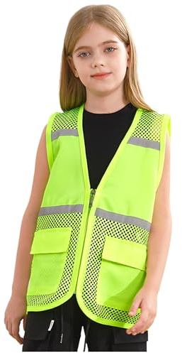 Miaeowve Gilet di sicurezza per bambini ragazzi ragazze gilet riflettente gilet di sicurezza riflettente gilet di lavoro visibilità per sport corsa bicicletta scuola, Verde acceso., 146-152
