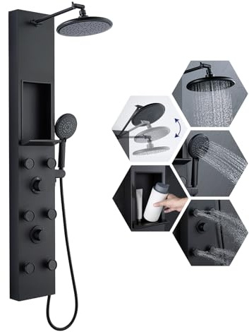 ROVATE Shower Panel Tower System with Shelf & 6 Body Jets, Matte Black