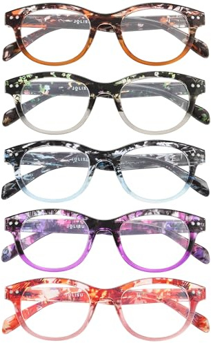 JOLISU Occhiali da Lettura Donna 5Pz con Luce Blu | Molleggio, Comfort e Moda per Uomo (1.50)
