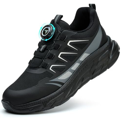 RASEARY Sicherheitsschuhe Arbeitsschuhe Herren Damen Bequem Stahlkappenschuhe Leicht Atmungsaktiv Industrielle Arbeitsschuhe mit Drehschnallen Schnürsenkeln,Schwarz EU 42