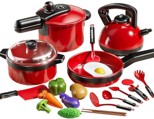 Accessoire Cuisine Enfant, 20PCS Kits de Cuisine à Jouer Chef Jeu de Rôle Ustensile de Cuisine Pots et Casseroles, Jouer Ensemble de Cuisine Jouet de Cuisine Cadeau pour Fille Garçon Partir de 3 Ans