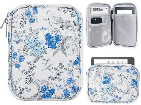 TiMOVO 6-7 Pouces Housse pour Tablette Kindle Paperwhite et Kindle Colorsoft Signature Edition, Kindle E-Reader/Kindle Oasis Housse Protectrice avec Pochette, Fleur Bleue&Blanc