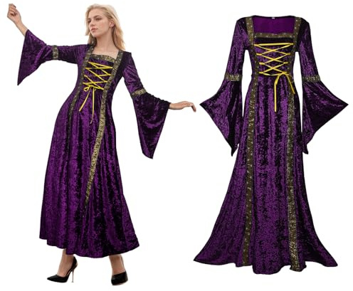 YORDET Vestido medieval de terciopelo para mujer, disfraz renacentista, estilo victoriano, vintage, para fiesta de cosplay (Morado, M)