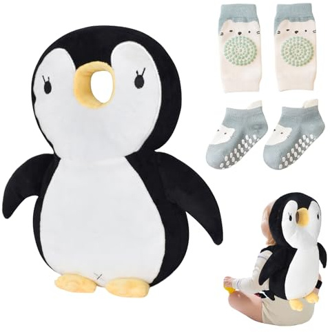 Luxvara Cuscino Protettivo Testa Bambino, Zaino Protettivo Testa Bambino, Cuscino Anti-Caduta Sicurezza, Zaino Sicurezza Regolabile per Camminare, Include Calzini Ginocchiere, Design Pinguino