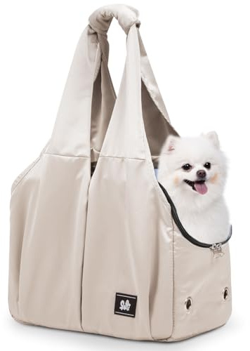 Dog Purse Carrier for Small Dogs, Cats, and Puppies – Soft-Sided Travel Pet Tote Bag with 4 Large Pockets, Foldable, Lightweight, Fits Pets up to 15 lbs, for Travel, Outings (Beige)