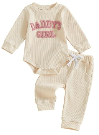 MAHUAOYIXI Toddler Baby Girl Fall Winter Outfit Long Sleeve Daddy's Letter Embroidery Romper Bodysuit Jumpsuit Shirt Top and Solid Color Drawstring Pants 2Pcs Set Girls Clothes (Beige, 6-9 Months)