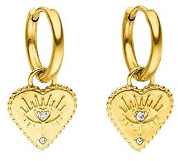 Purelei Orecchini a forma di cuore con occhio – resistenti all'acqua | Piccoli orecchini a cerchio con ciondolo a forma di cuore e zirconia scintillante | Acciaio inossidabile e placcatura in oro 18K