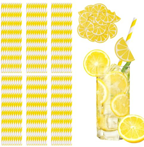 WANDIC 60 st citron papperssugrör med gula ränder, roligt cocktailsugrör med citrondekor för fester, bröllop, födelsedagar – storpack, färgglad & festdekoration