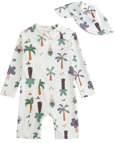 WYTbaby Traje de baño para bebé, de una pieza, con cremallera, protección UV, para niños pequeños, niñas, 3 meses - 3 años, Palmera de coco blanco, 9-12 meses