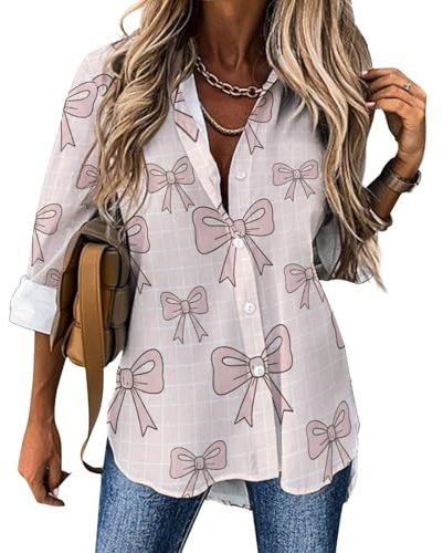 Huryilo Pink Bow Checked Shirts for Women Womens Button Down Shirt Long Sleeve Blouses S