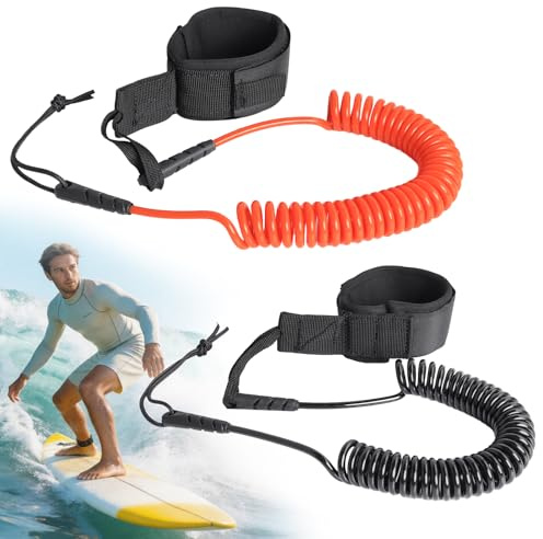 Gnaxyzthor 2 stycken SUP Leash 25 m, Coiled Surfboard Leash med fotslinga, 5 mm TPU säkerhetskoppel för Stand Up Paddle Board, Surfboard, kajak, longboard – svart och orange