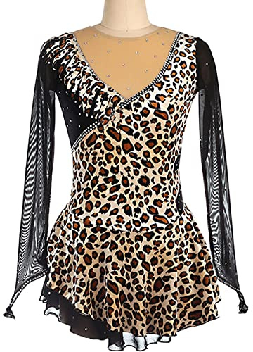 Figure Skating Dress Women's Girls' Ice Skating Dress Long Sleeve High Elasticity Spandex Skating Wear Competition,Leopard,16Years