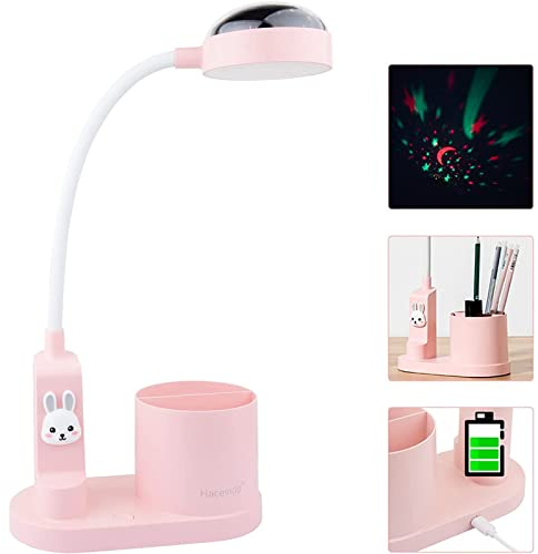 Hacevida Lampada da Scrivania LED Bambini, Lampada da Tavolo Batteria Ricaricabile 2000mAh con Portapenne e Proiezione di Stelle, Lampada Scrivania a LED Senza Fili Dimmerabile per Studio, Lavoro