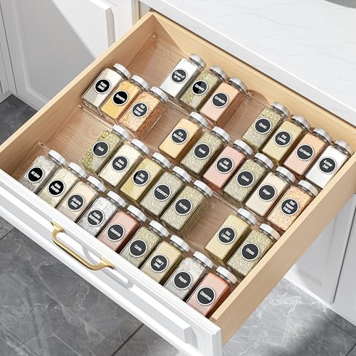 MIUKAA Clear Acrylic Spice Drawer Organizer, 4 Tier- 2 Set Expandable From 9 to 18 Seasoning Jars Drawers Insert, Kitchen Spice Rack Tray for Drawer/Countertop (Jars not included)