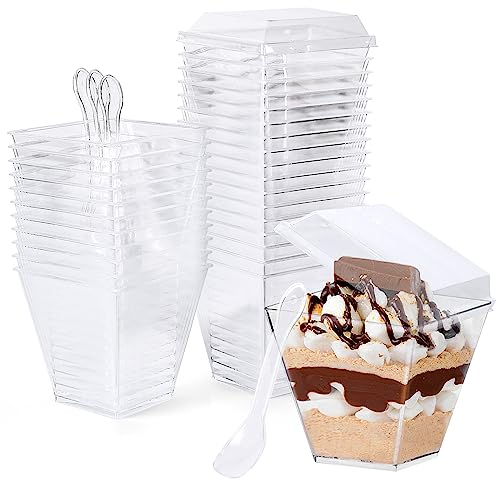 CoKeeSun 30 Stück Desserttassen mit Deckel, 240ml/8.4oz Quadratischer Dessertbechern Set, Wiederverwendbar Dessertbecher für Dessertparty Pudding Mousse