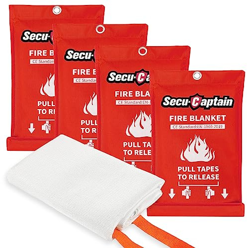 SecuCaptain Emergency Fire Blanket for Home and Kitchen - 4 Pack 40x40 Flame Suppression Fiberglass Fire Blankets for House Camping Car Office Warehouse Survival Safety