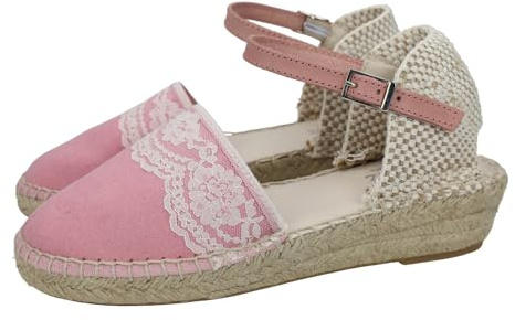 CONDIZ 233 Esparteñas de Piel en Color Rosa para niñas, esparteñas de comunión Hechas en España, con Encajes al Frente NIÑA Zapato COMUNIÓN