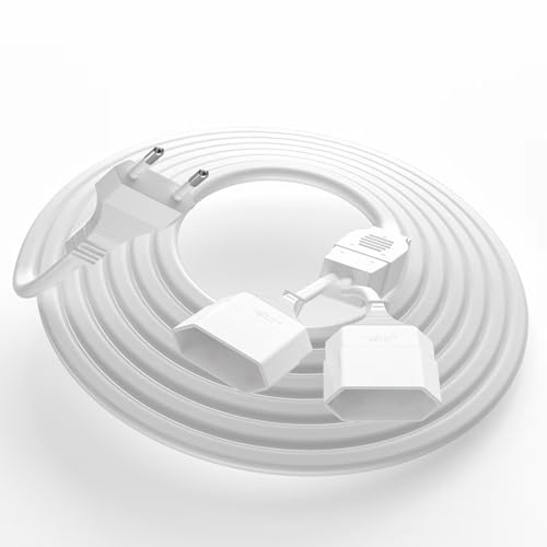 Verlängerungskabel Flach, 2M Stromkabel Verlängerung, 2 in 1 Typ-C Stromstecker Flach， Eurostecker auf Doppel Typ-C EuroBuchse, 0.75 mm² Stromkabel 2,5A/250V für PC Lampen Phone-Weiß