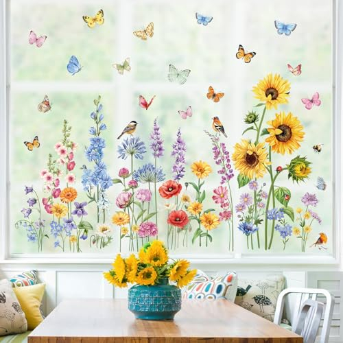 decalmile Spring Summer Garden Flower Double Sided Window Clings Wildflower Sunflower Butterflies Floral Window Decals Anti-Collision Glass Window Doors Window Stickers