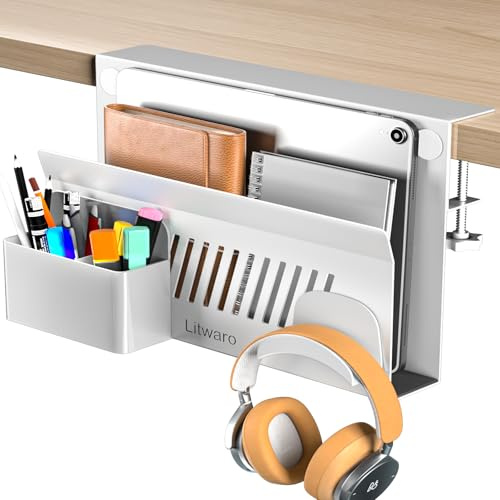 Litwaro Organiseur de rangement latéral de bureau, support pour ordinateur portable, support sans perçage, avec porte-stylo magnétique, organiseur à suspendre pour bords plats de 1 cm à 5,3 cm (blanc)