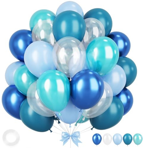 Ocean Themed Party Balloons, 12 Inches Turquoise Teal Blue Clear Metallic Balloons for Ocean Shark Sea Themed Pool Party Baby Shower Birthday Beach Decorations