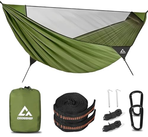 Camping Hammock with Mosquito Net – Portable Parachute Nylon Backpacking Hammock with Tree Straps, Camp Rope & Stake - for Hiking, Backpacking, Travel, Backyard, Beach – Holds Up to 500lbs (Green)