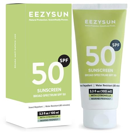EEZYSUN Sunscreen SPF50 with Insect Repellent - Water-Resistant Sunscreen Bug Repellent Combo with Citronella Oil, Lemongrass, Neem Oil - Vacation, Beach Essentials, Face & Body Sun Care - 3.3 fl oz