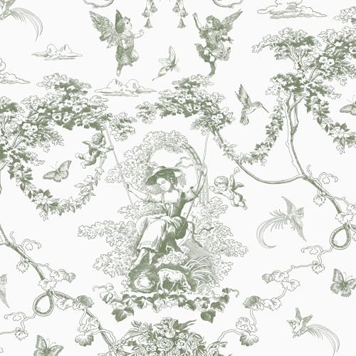 Timeet Peel and Stick Wallpaper Green Cupid Manor Painting 44x300cm Self Adhesive Wallpaper Sticky Back Vinyl Warp Waterproof Contact Paper for Bedroom Living Room Wall Cabinet Shelf