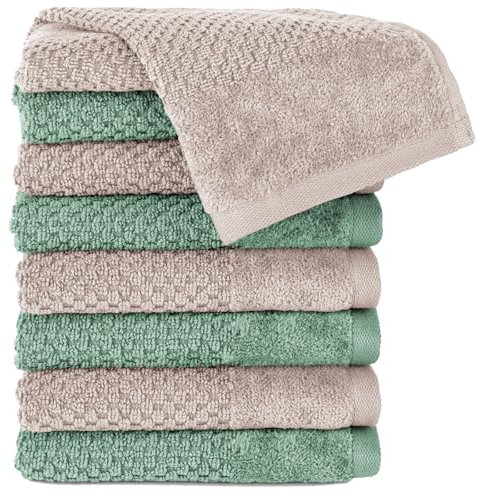 Pure Label 8-TLG. Gästehandtücher 30x50 cm mit Aufhängeschlaufe aus 100% Baumwolle, saugstark, weich und Oeko-TEX Zertifiziert - 8 Gästehandtücher Stein | Grün, 30x50 cm