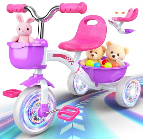 Braxel Laufrad Dreirad ab 2 Jahre, Kinderfahrrad mit Leuchtende Räder, 3-Ebene Verstellbaren Sitz bis 35 kg - Outdoor Spielzeug ab 2 3 4 5 Jahre - Weihnachten Geschenke für Mädchen - Rosa-Violett