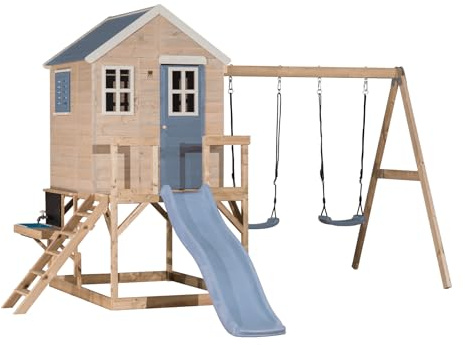 Wendi Toys M28PB-K Maison de jeu enfant avec toboggan, double balançoire et cuisine extérieure, cabane en bois FSC sur pilotis 90 cm, avec évier, robinet, bac à sable, jardin extérieur, 330×405×242 cm