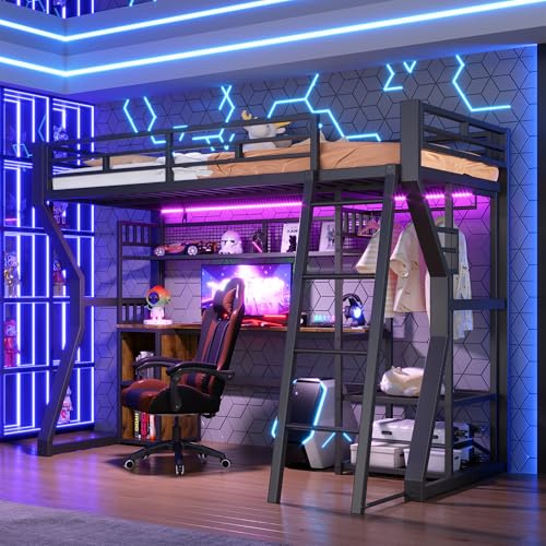 Yihomfy Lit Mezzanine Enfant en métal 90 x 200 cm, avec Bureau, étagère, LED et Prise, Tringle à vêtements, Garde-Corps, Multifonctionnel, pour Enfants et Adolescents, sans Matelas (Noir-4B)