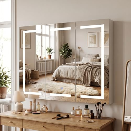 Caldion Spiegelschrank 120cm Bad mit 3 LED-Beleuchtung Entfogging-Funktion Badezimmerschrank mit 3 Spiegel Badschrank hängend mit Ablagen Wandschrank mit Glastüren 120x13x90cm Weiß