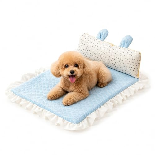 Tappetino Rinfrescante per Animali con Cuscino Orecchie da Coniglio – Letto Ice Bean Morbido per Gatti e Cani Piccoli – Comfort Estivo – Resistente, Impermeabile, Diverse Taglie & Colori(Blue,X-Small)
