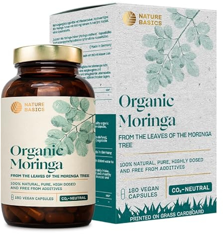 Nature Basics® BIO Moringa Certified & Sustainable in a jar | 180 Capsules Highly dosed & Vegan | 1500mg Pure Moringa Oleifera per Daily dose | Ayurveda Food Supplement