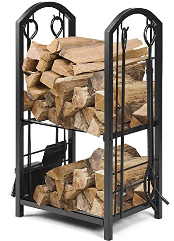 COSTWAY Firewood Log Rack with 4 Pcs Fireplace Tools, Wrought Iron Storage Logs Holder with Poker, Tong, Brush and Shovel, Indoor Outdoor Wood Storage Stacking Stand (Black)