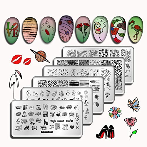 6 Stück Stempel für Nägel Schablone, Rechteck Rostfreier Stahl Nagel Stempel Nageldesign Set, Blumen Nagelschablonen Flamingo Abstrakte Linien Schlange Nageldesign Zubehör für Frauen Mädchen
