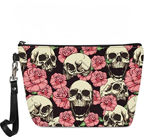Kuiaobaty Damen Leder Kosmetiktasche Tasche Mädchen Make-up Tasche Reise Tragbare Kulturtasche Kulturbeutel Casual Beauty Bag, Gothic-Totenkopf-Rosen, Taschen-Organizer