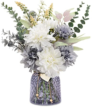 Silvotek Kunstblumen im Topf - Künstliche Blumen Tischdeko mit Eukalyptus für Wohnzimmer, Fensterbank und Schlafzimmer - Glasvase Inklusive