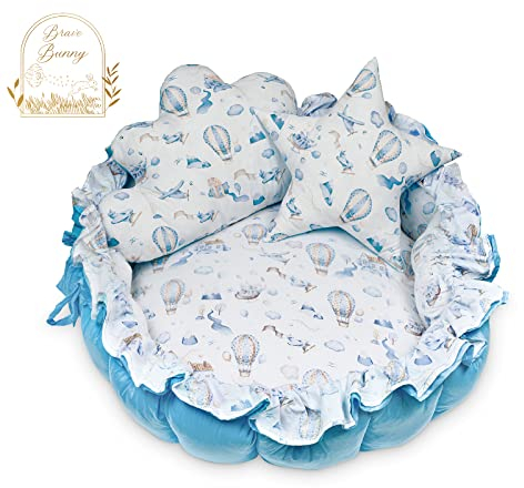 Brave Bunny - Dog Bed Set with Gift - Sleeping Place for Dogs, Cats and Babies - Set of 2 x Cushions, Pet Bed, Dog Basket, Puppy Bed (80 cm Diameter, Blue-White)