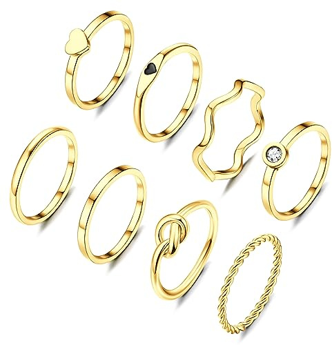 KALVICA 8 Pezzi 2mm Anelli Set Argento/Oro per Donna Acciaio Inossidabile Pianura Sottili Nodo Cuore Twist Anello Set Minimalista Impilabile Anello Nocche