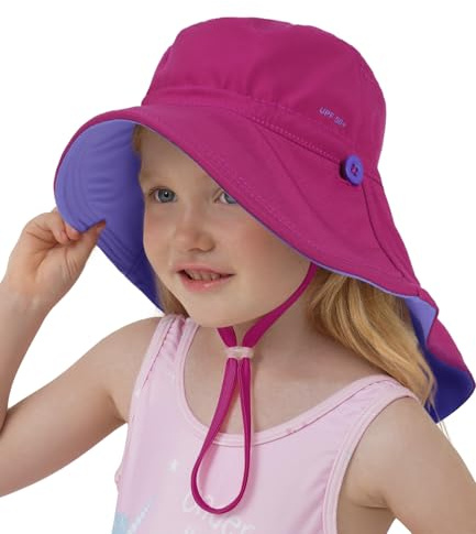 Creekstone Cappello da Sole per Bambini Protezione UV UPF 50+, Reversibile Cappello Estivo Nuoto da Spiaggia, Patta per il collo Tesa Larga Ragazze e Ragazzi (IT, Età, 3 anni, 5 anni, Fucsia)