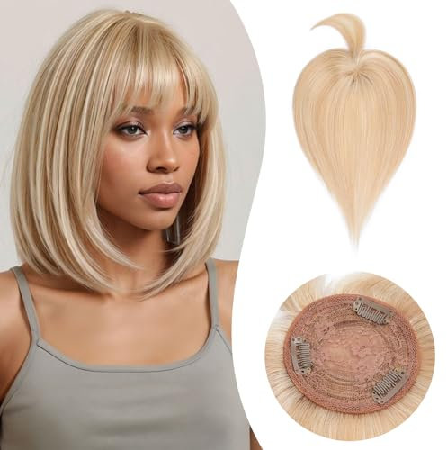 Rich Choices Echthaar Topper mit Pony Damen Haarteil Toupet Pony Blond Haarteil Echthaar Clip in Echthaar Topper Kurzes Haar Nahtlose Echte Haare Extensions Remy Hair Topper (25cm Balayage Blond)