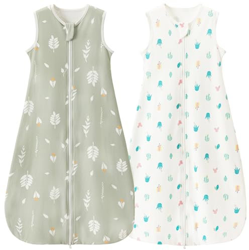 Nivolltha Super Weich 2er 0.5 TOG Baby Schlafsack, 100% Baumwolle Premium Qualität Sommerschlafsack Baby 3-6 Monate, Blätter und Kaktus, Größe S