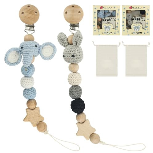 AVCXEC Handgemachte Schnullerkette, 2 Stück Schnullerkette Holz, Kaninchen & Blaue Elefanten Design, Geflochtene Schnullerkette, Schnullerkette Personalisiert, Geschenk für Babyparty, Geburtstag
