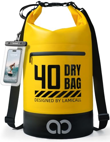 Lamicall Dry Bag, Waterproof Bag - [Robust & Anti-Scratch] 5L/10L/20L/30L/40L Waterproof Backpack with 100% Water Proof Phone Pouch, Floatable Drybag for Boat Swimming Kayaking Camping - Yellow(40L)